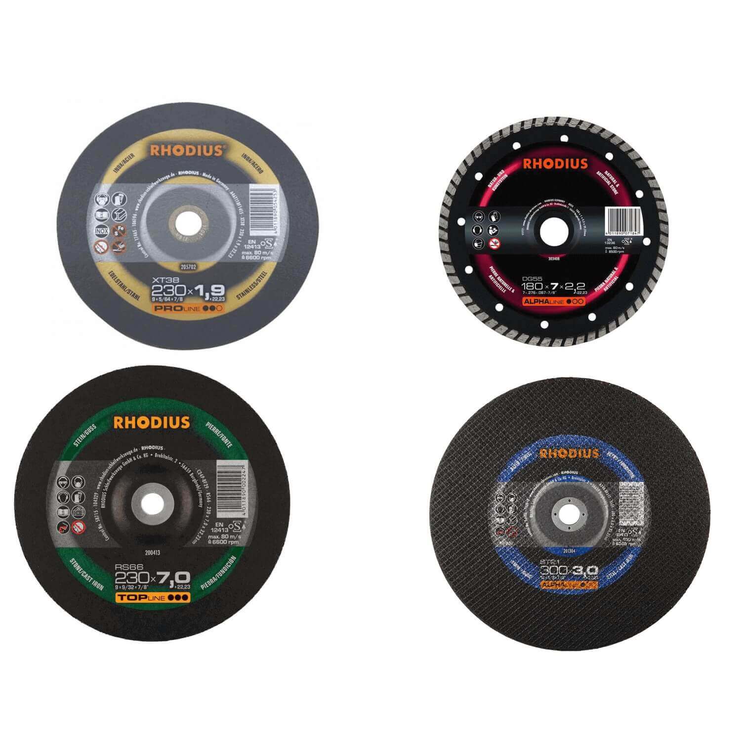 Discos(Cortar e Rebarbar) Pedra/ Ferro/ Inox/ Diamante/ Madeira - (Rhodius)
